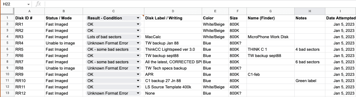 A spreadsheet example for cataloging disks